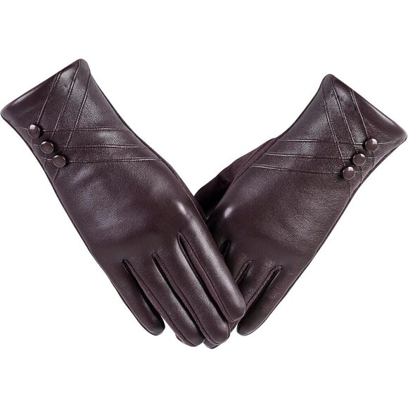 Women's Winter Leather Gloves Touchscreen Warm Cashmere Lining Suede Brown